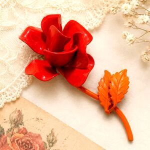 Vintage Red Orange Enamel Flower Brooch